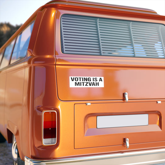 Orange van with a 'Voting is a Mitzvah' sticker on the back