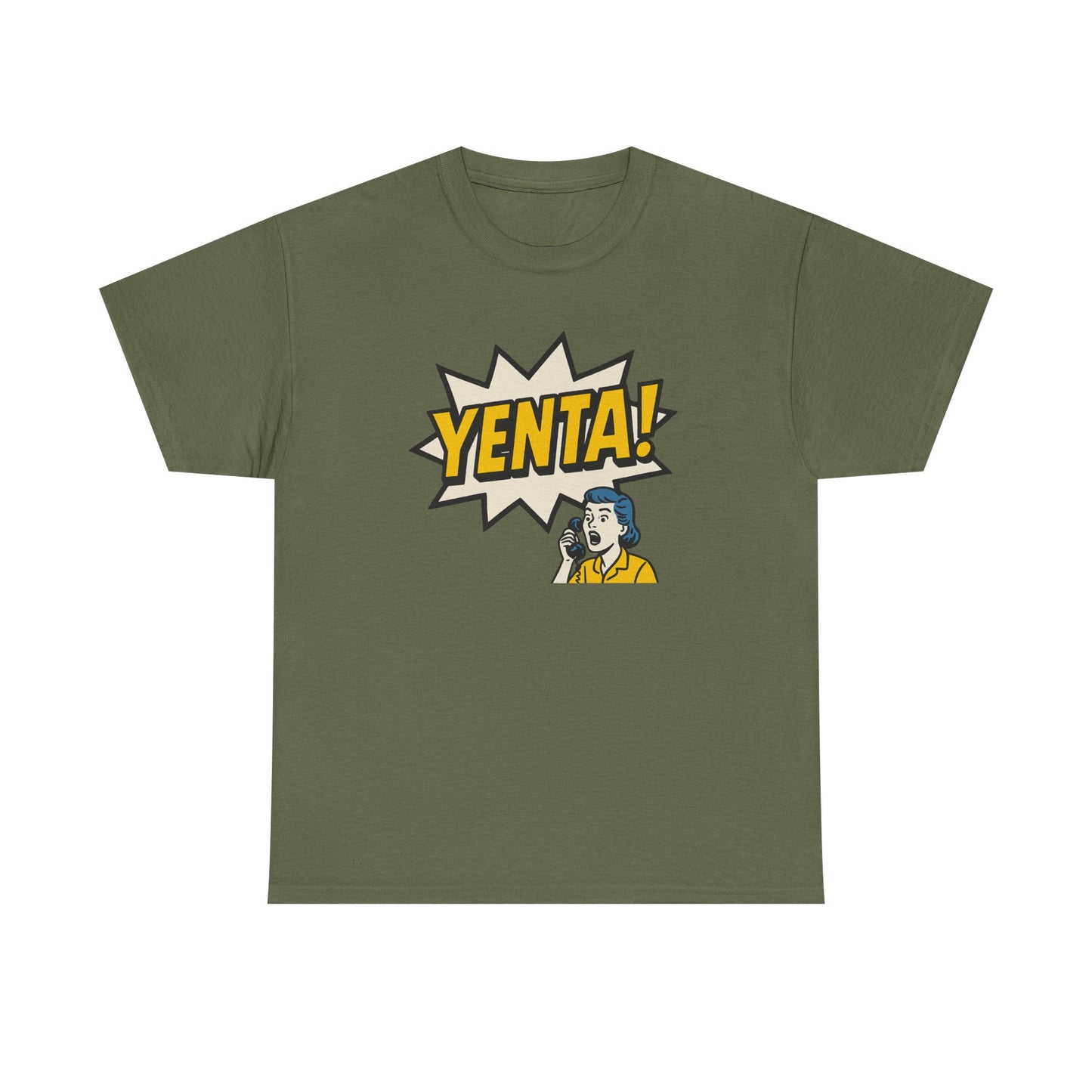 Green t-shirt with 'Yenta!' graphic design on a white background
