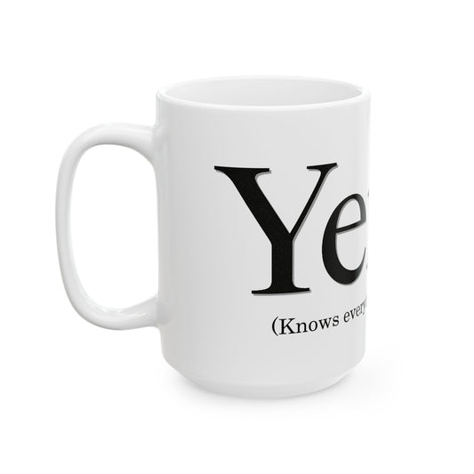 White mug with black 'Yenta' text on a white background