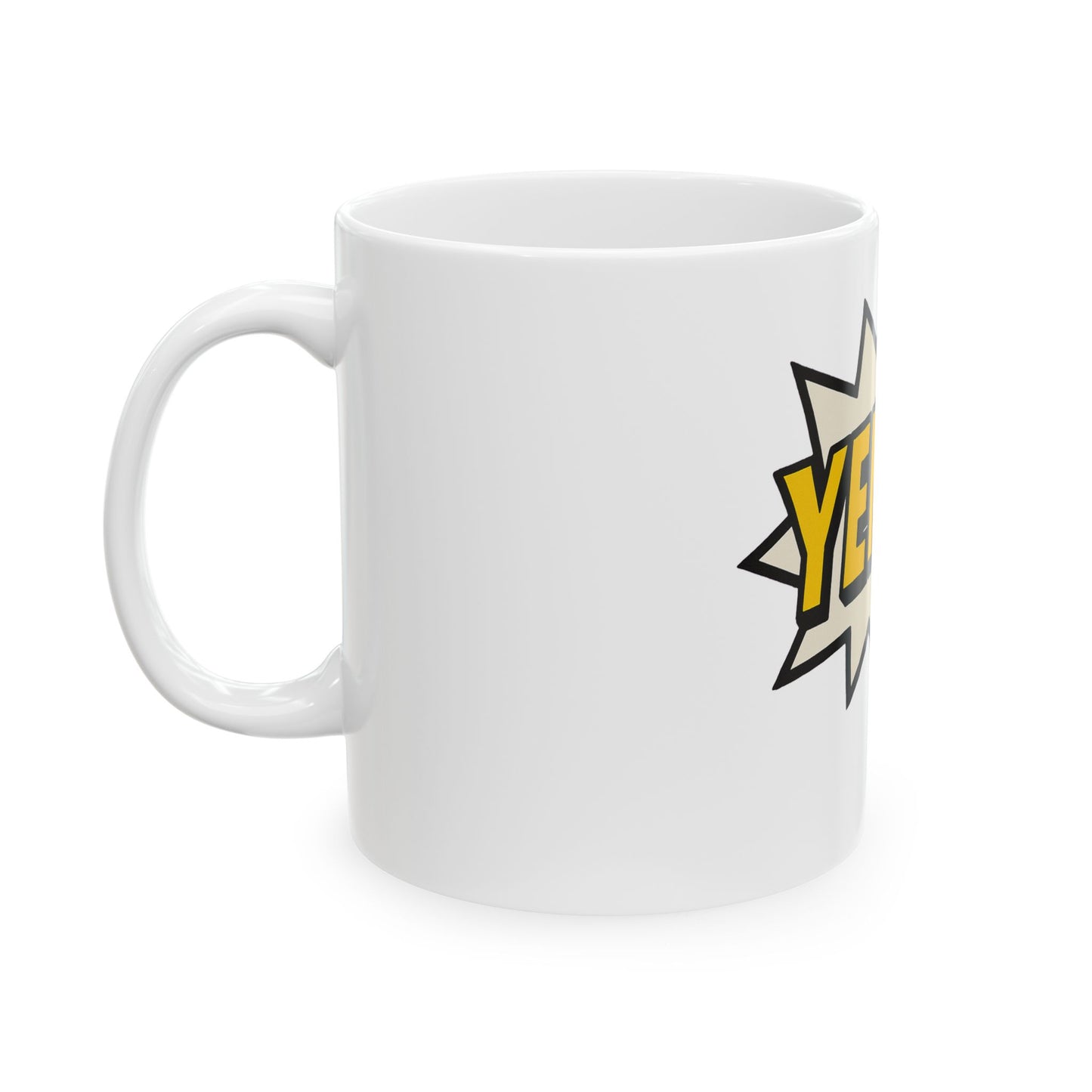 White mug with a yellow and black graphic design on a white background