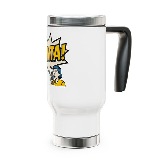 White travel mug with a graphic design on a white background