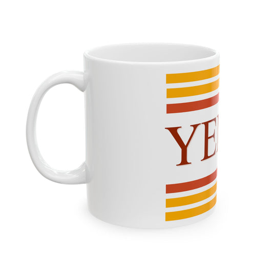 White mug with red and orange striped design on a white background