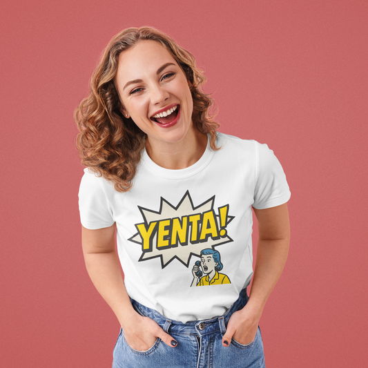 Woman wearing a white t-shirt with 'YENTA!' design on a red background