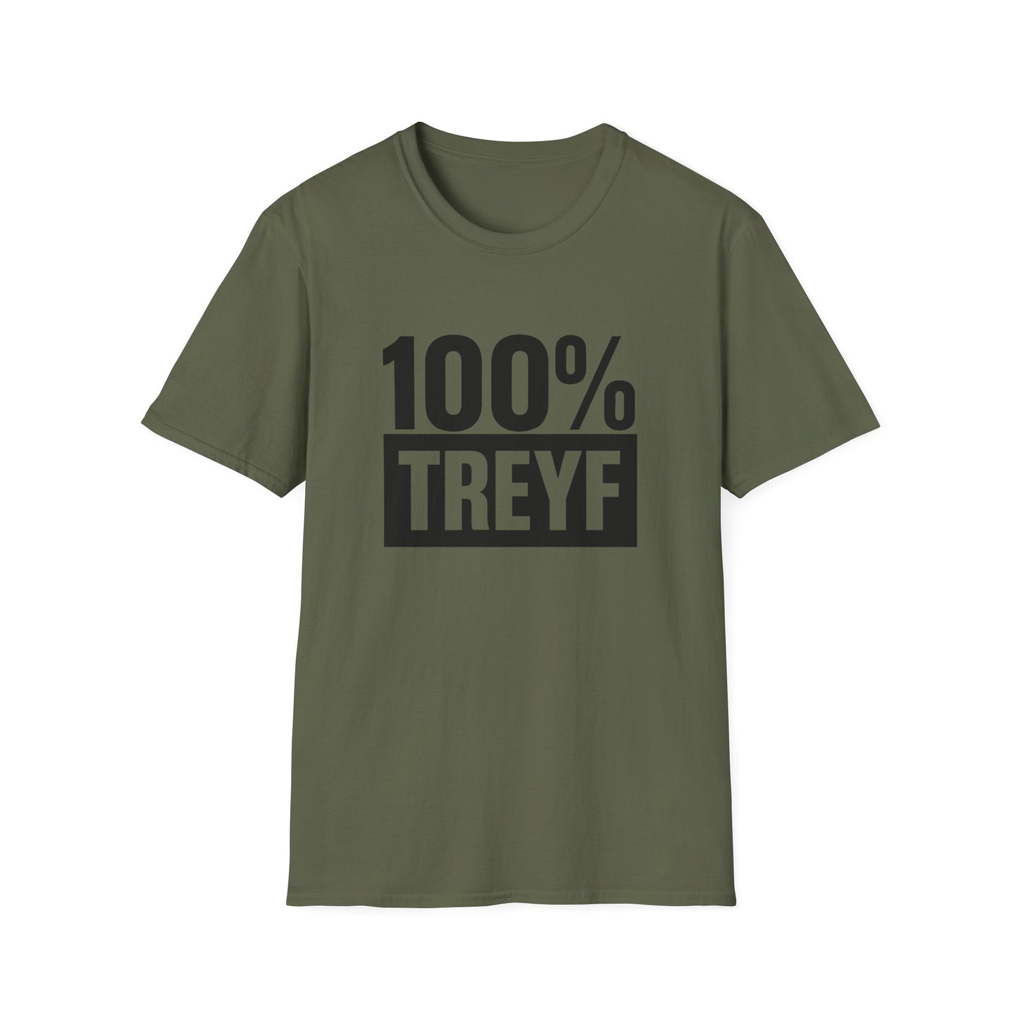 Green t-shirt with '100% TREYF' text on a white background