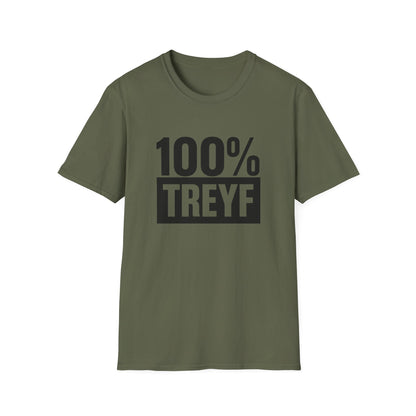Green t-shirt with '100% TREYF' text on a white background