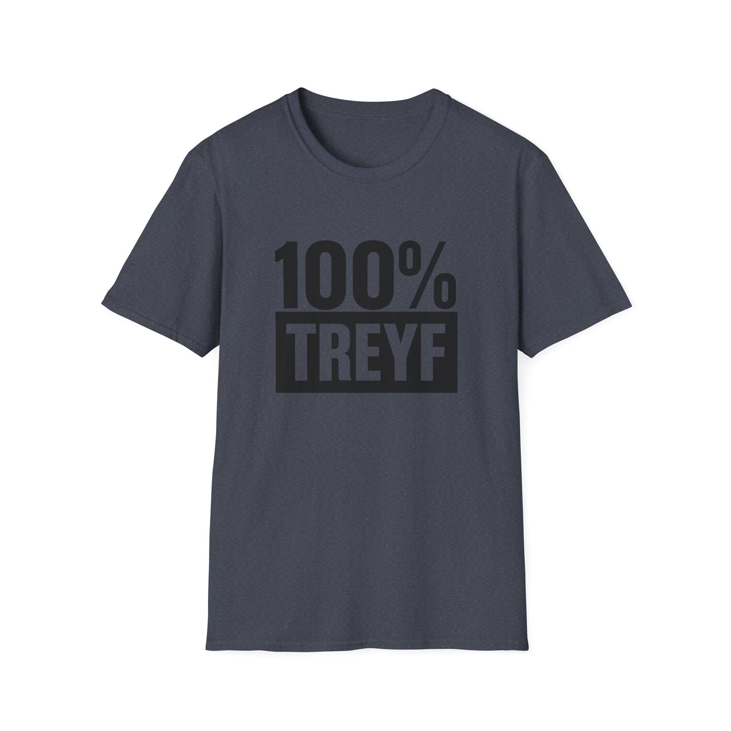 Gray t-shirt with '100% TREYF' text on a white background