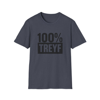 Gray t-shirt with '100% TREYF' text on a white background