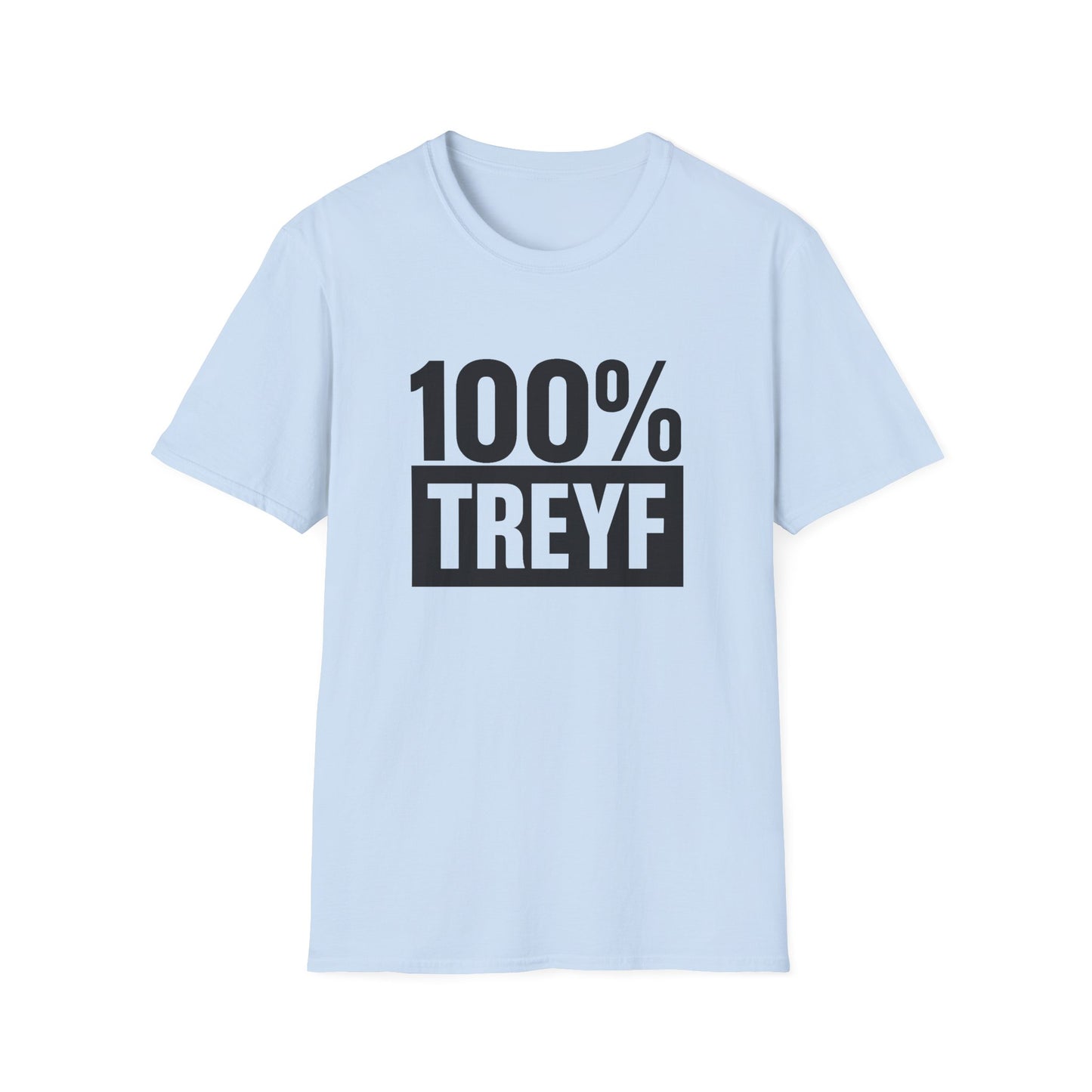 Light blue t-shirt with '100% TREYF' text on a white background