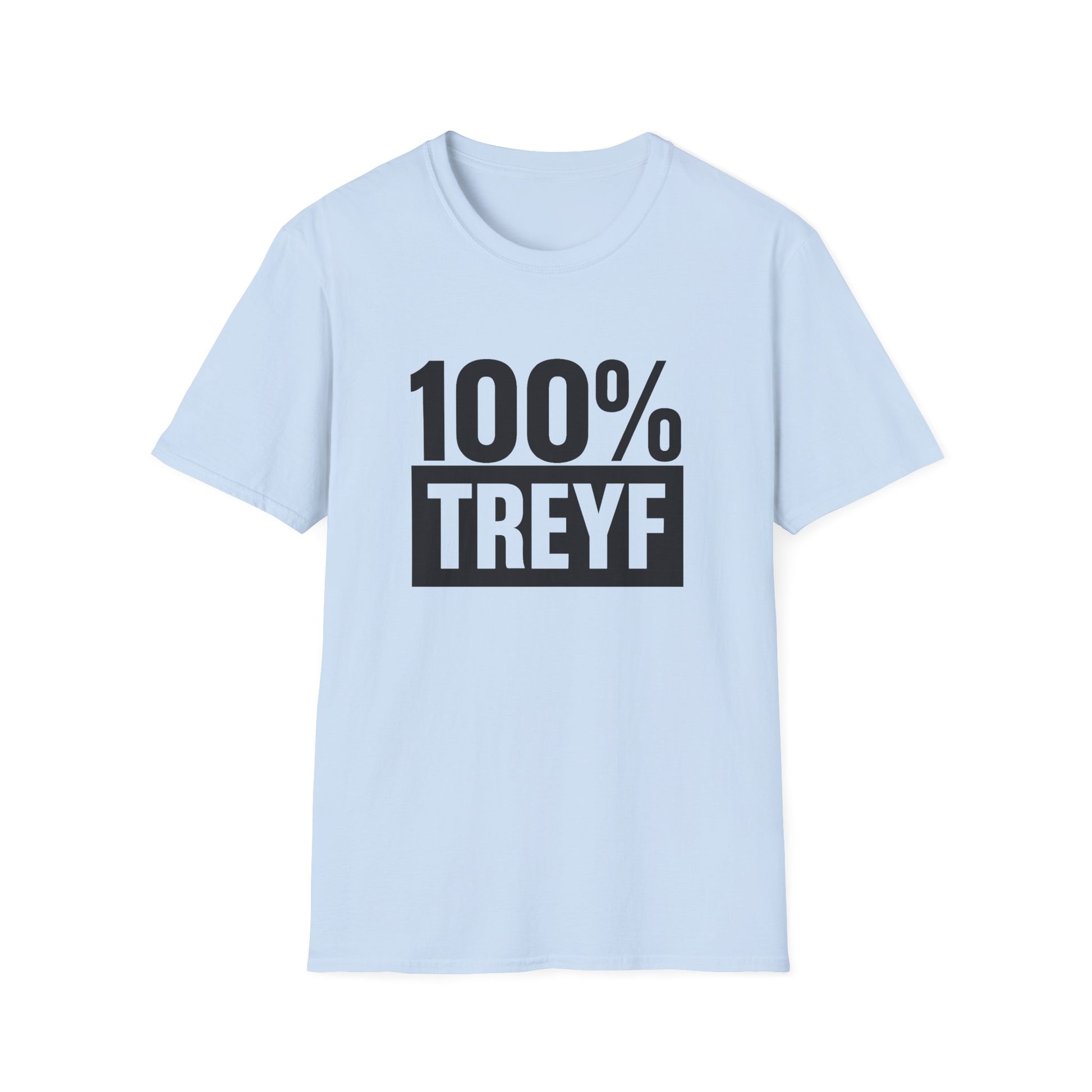 Light blue t-shirt with '100% TREYF' text on a white background