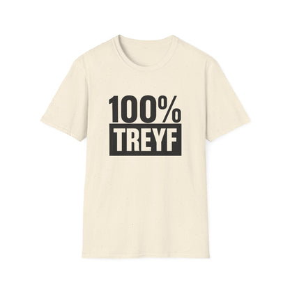 Natural t-shirt with '100% TREYF' text on a white background