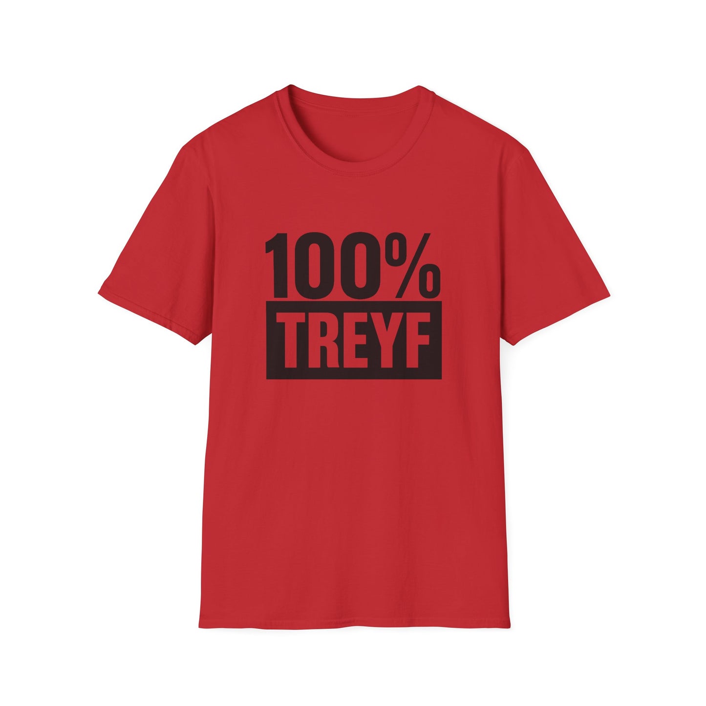 Red t-shirt with '100% TREYF' text on a white background