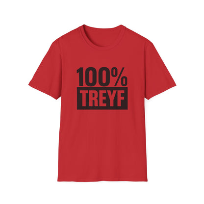 Red t-shirt with '100% TREYF' text on a white background