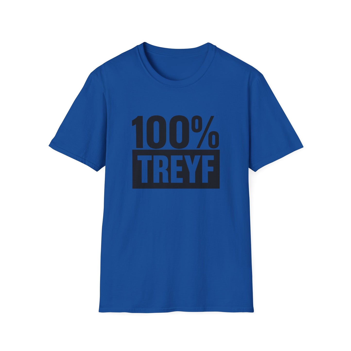 Royal Blue t-shirt with '100% TREYF' text on a white background