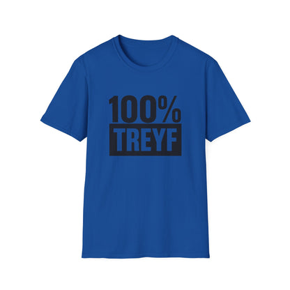 Royal Blue t-shirt with '100% TREYF' text on a white background