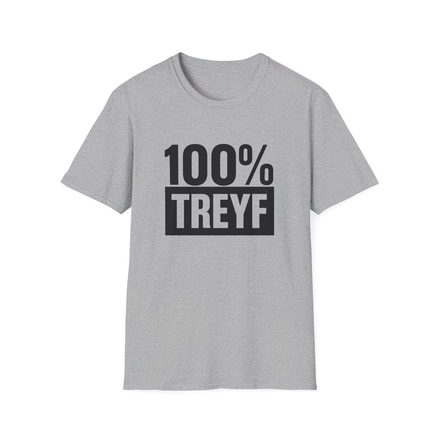 Sport Gray t-shirt with '100% TREYF' text on a white background