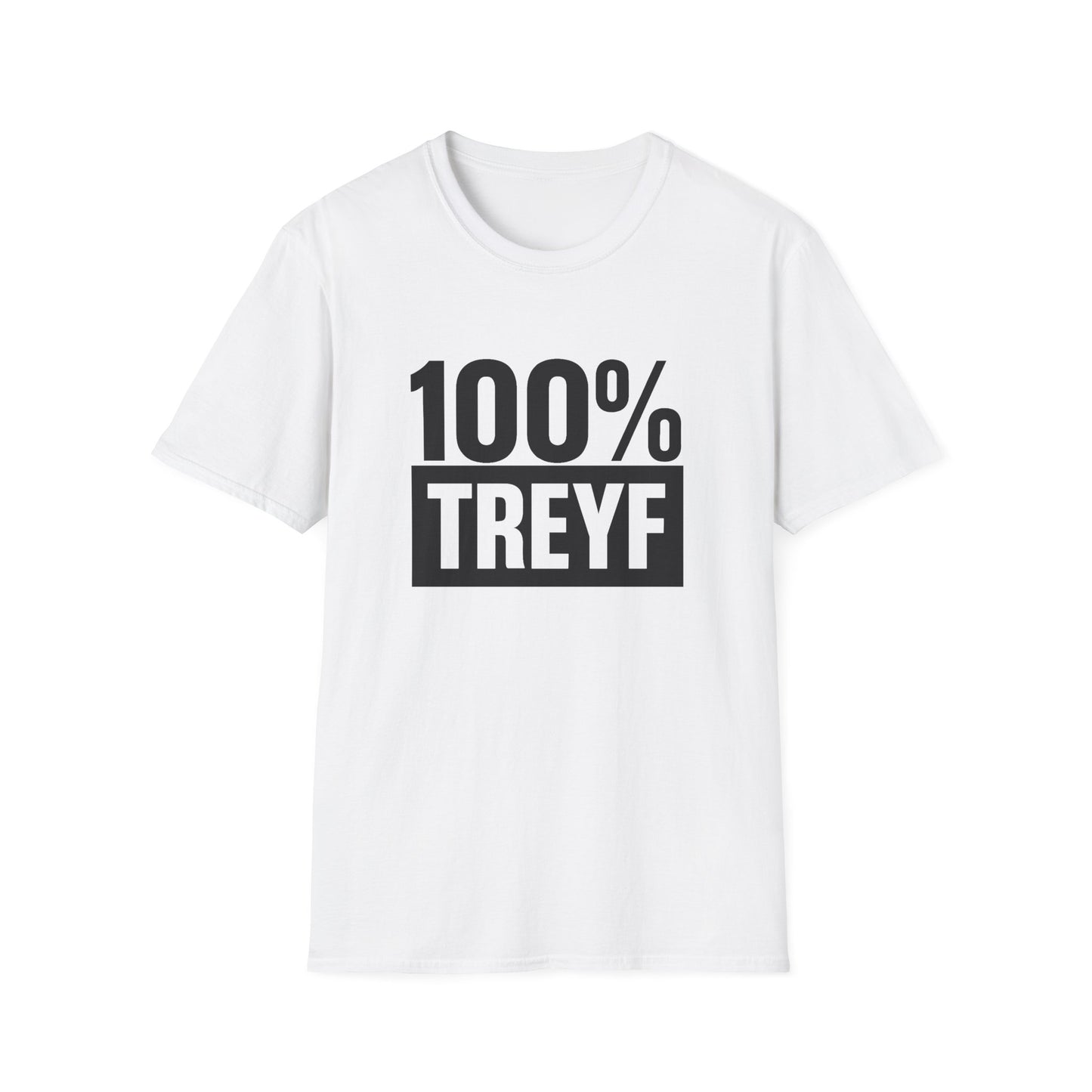 White t-shirt with '100% TREYF' text on a white background