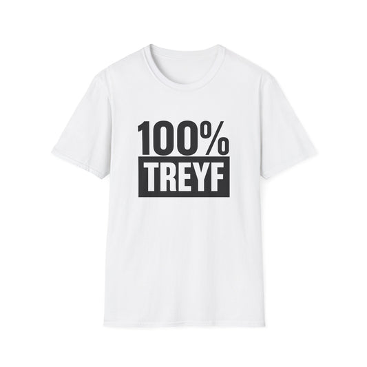 White t-shirt with '100% TREYF' text on a white background
