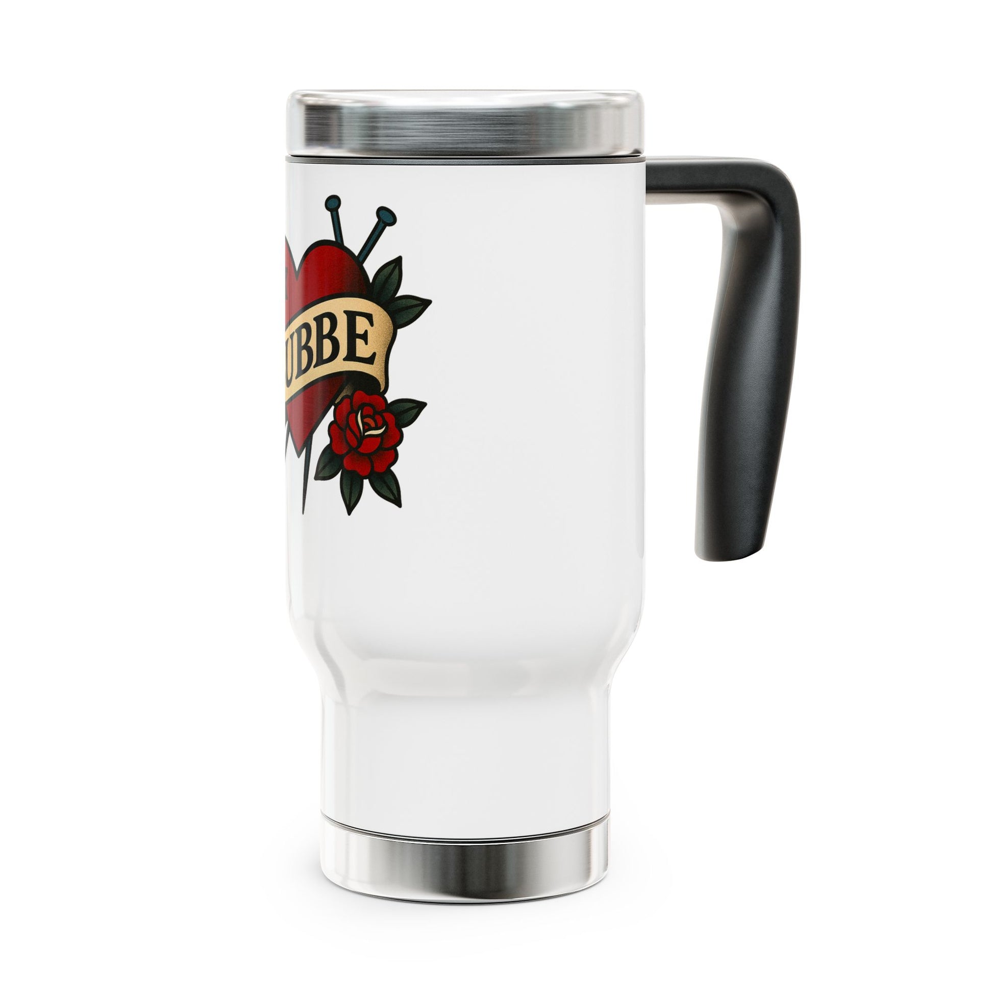 White travel mug with a tattoo-style design featuring a rose and the word 'Bubbe' on a white background.