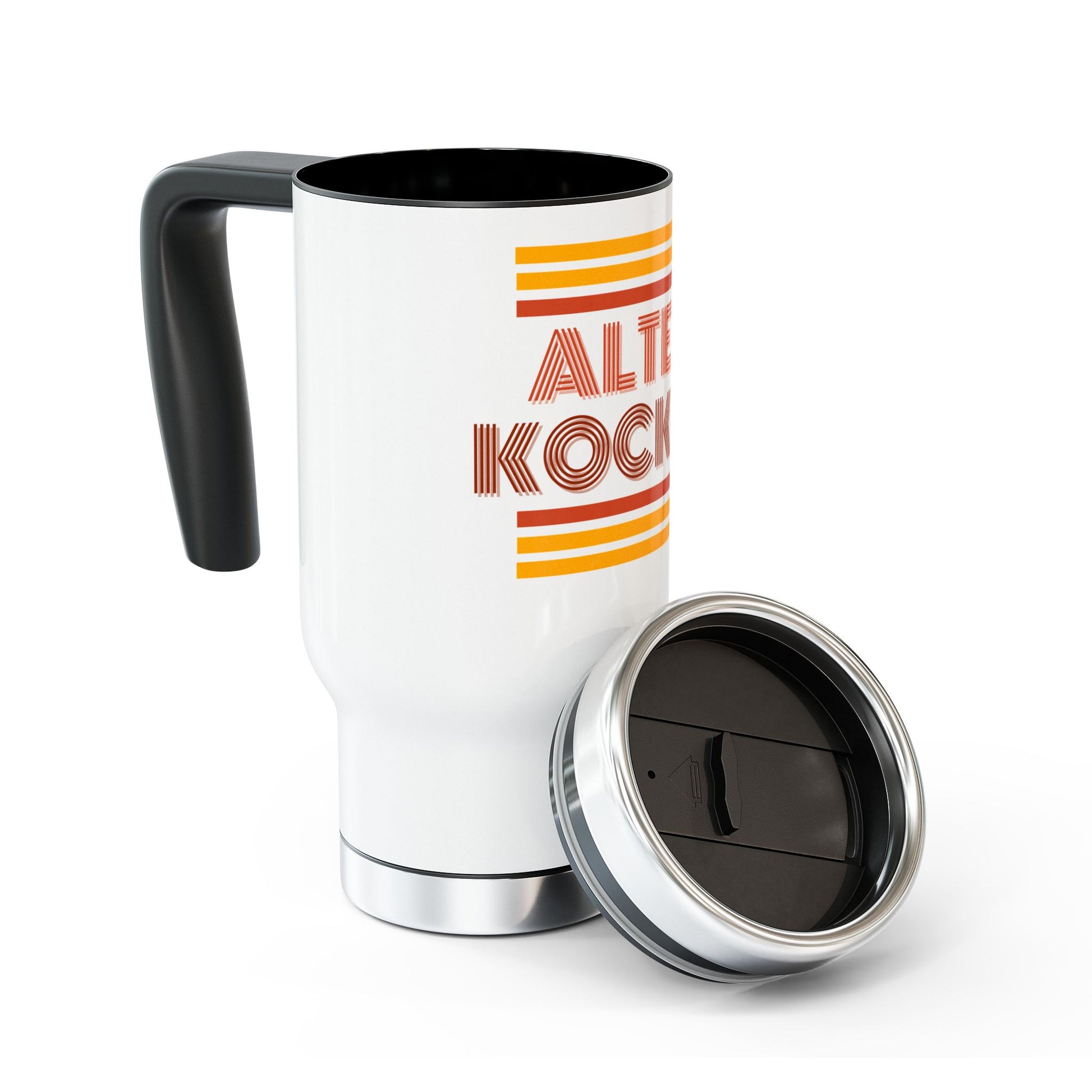 White travel mug with black handle and colorful logo on a white background