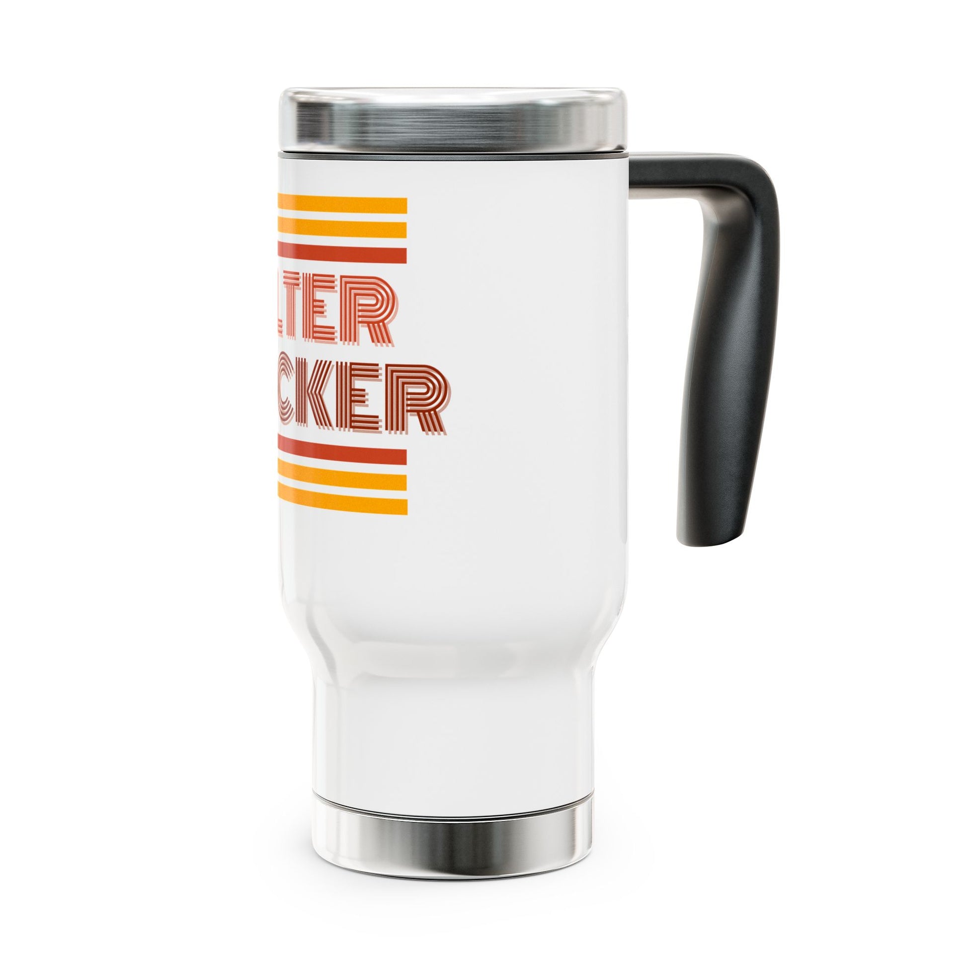 White travel mug with black handle and colorful text on a white background