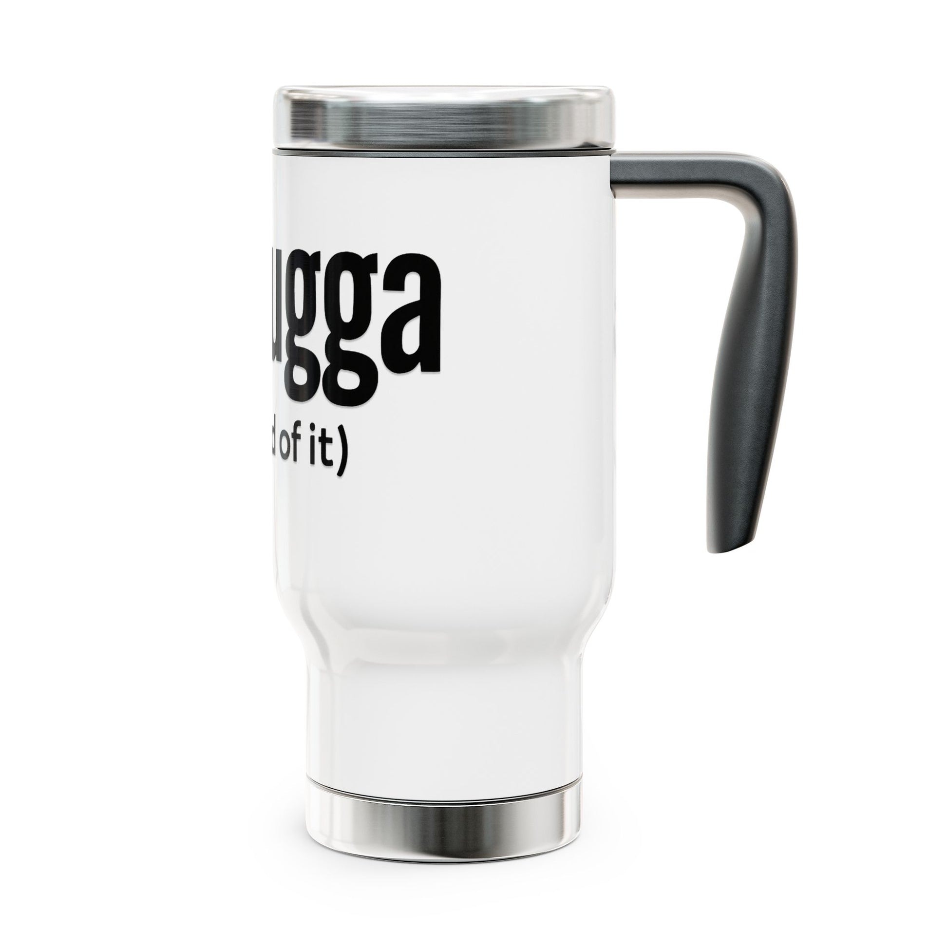 White travel mug with black text 'Meshugga' on a white background