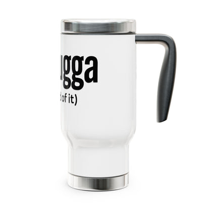 White travel mug with black text 'Meshugga' on a white background