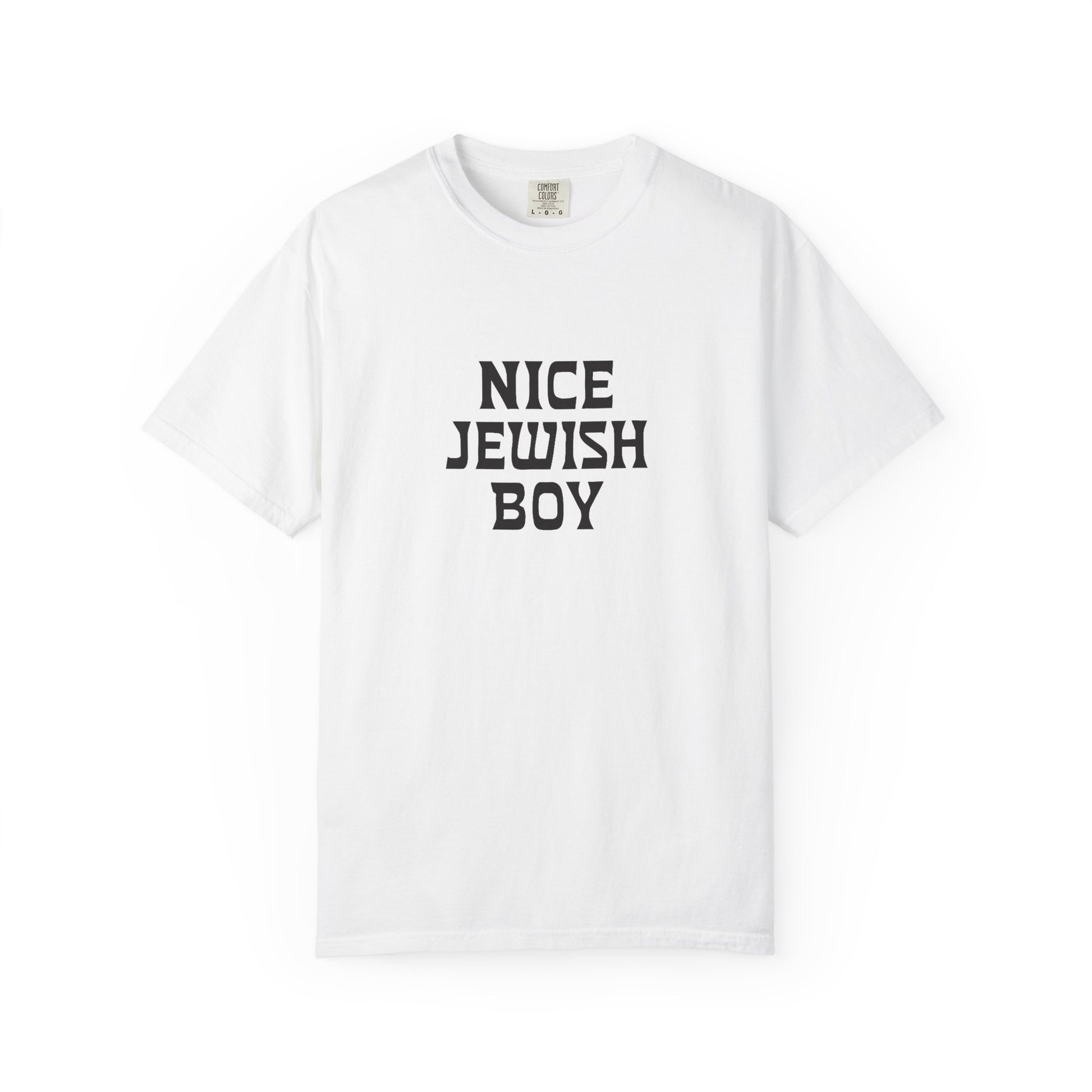 White t-shirt with 'Nice Jewish Boy' text on a white background