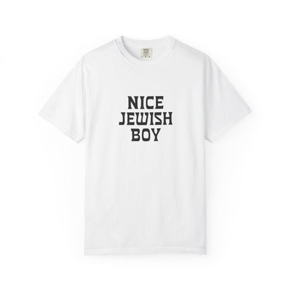 White t-shirt with 'Nice Jewish Boy' text on a white background