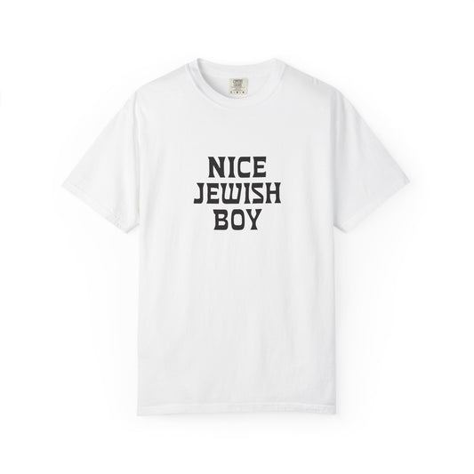 White t-shirt with 'Nice Jewish Boy' text on a white background
