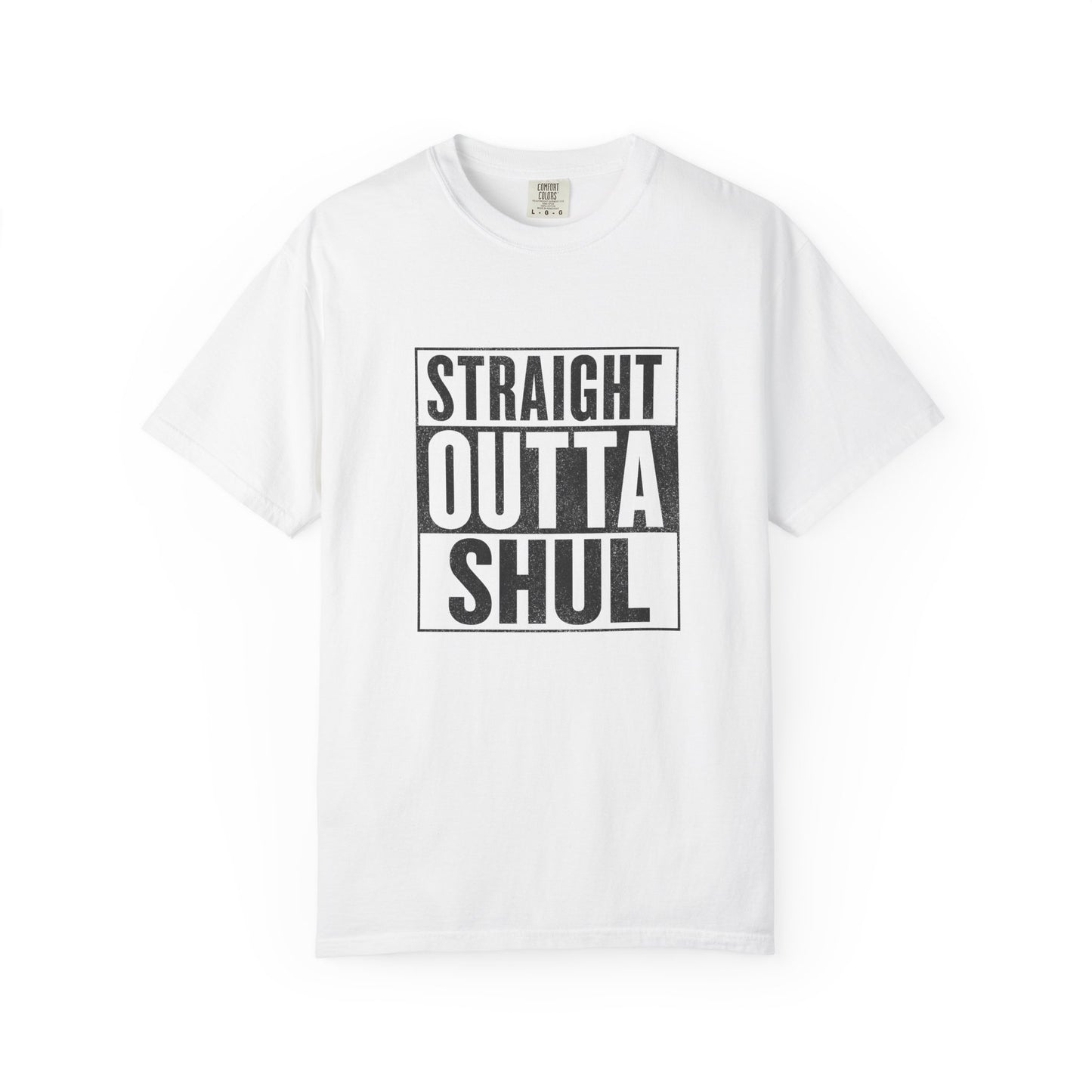 White t-shirt with bold black 'Straight Outta Shul' lettering in spray-painted stencil style.
