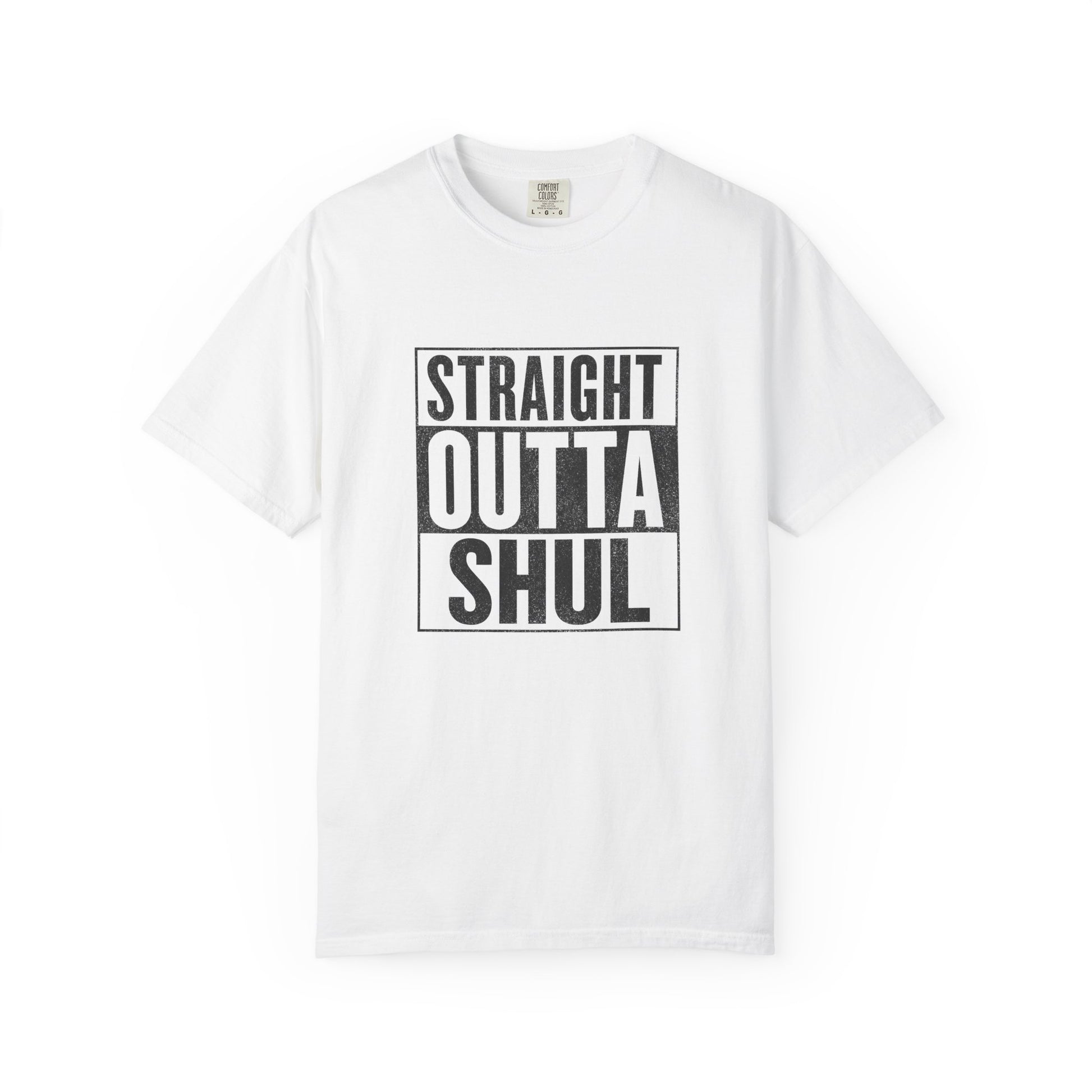 White t-shirt with bold black 'Straight Outta Shul' lettering in spray-painted stencil style.
