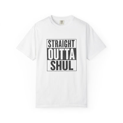 White t-shirt with bold black 'Straight Outta Shul' lettering in spray-painted stencil style.
