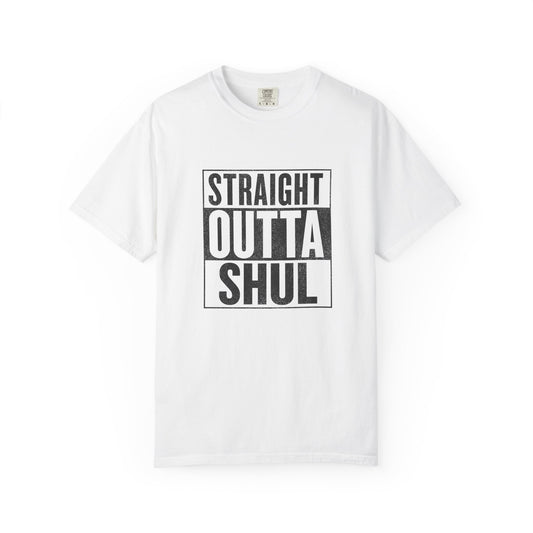 White t-shirt with bold black 'Straight Outta Shul' lettering in spray-painted stencil style.
