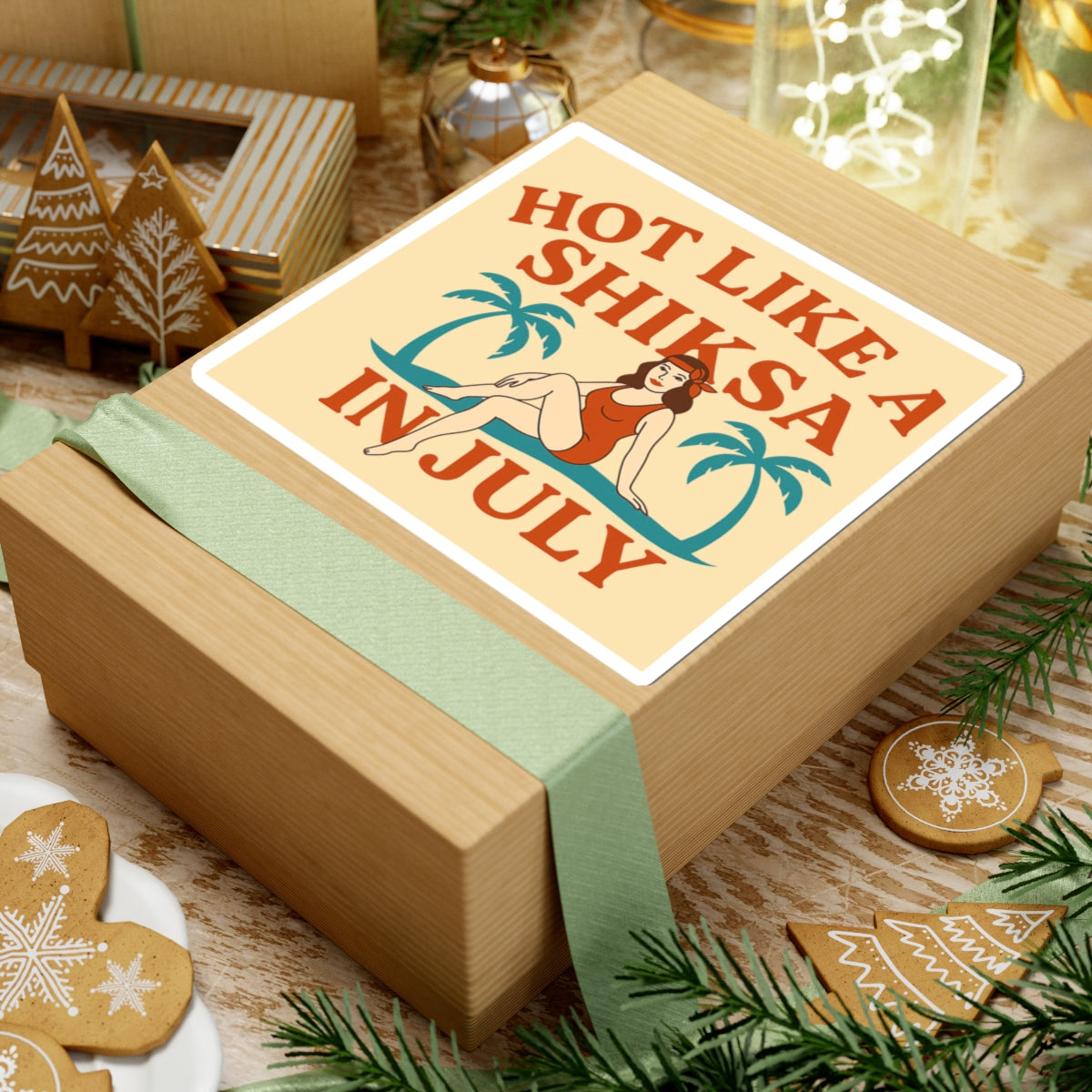 Wooden gift box with a humorous label on a festive background