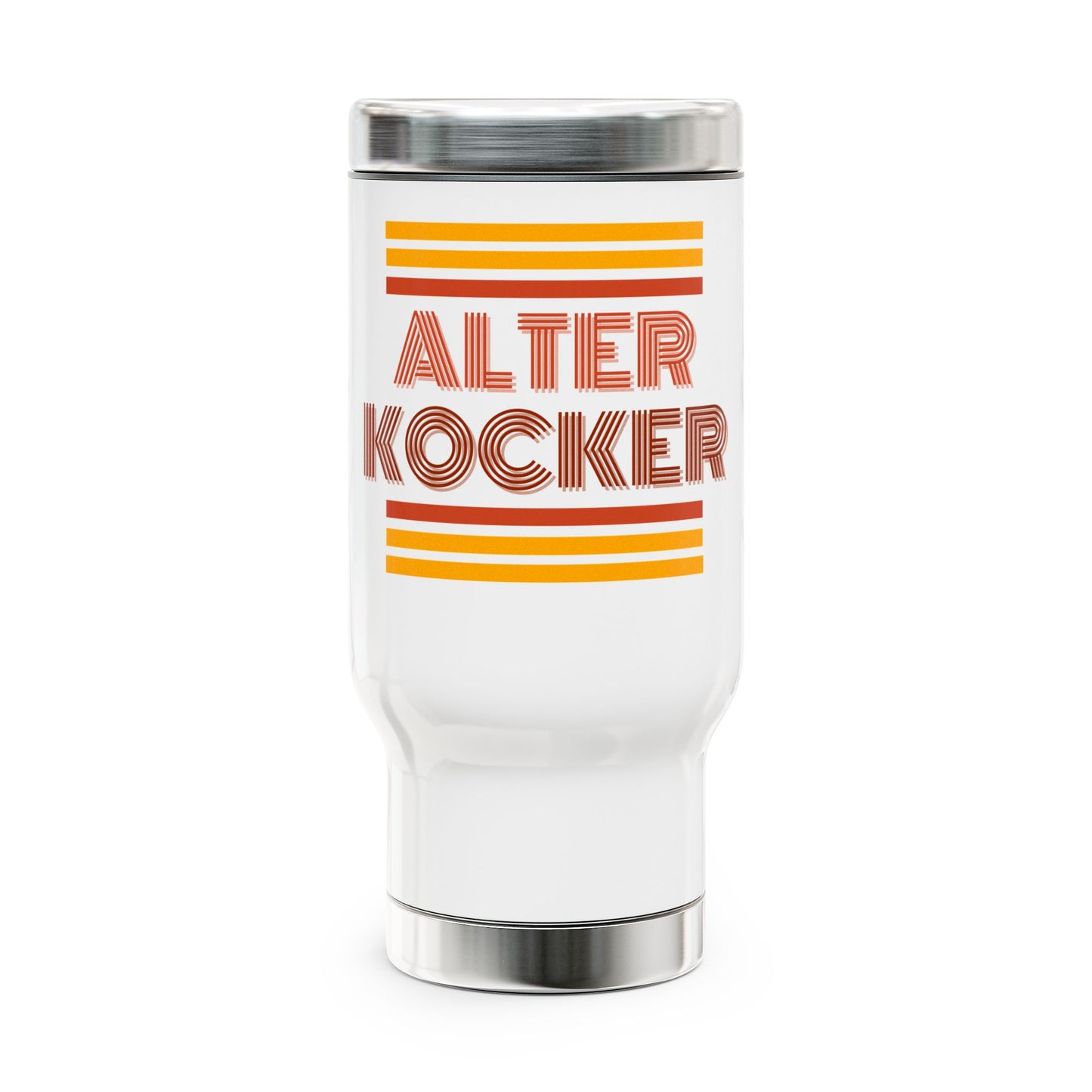 White tumbler with 'ALTER KOCKER' text and orange stripes on a white background