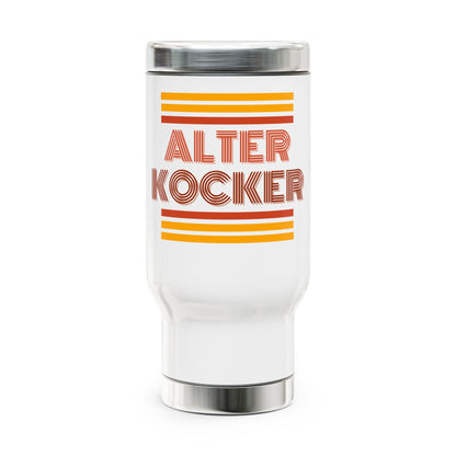 White tumbler with 'ALTER KOCKER' text and orange stripes on a white background
