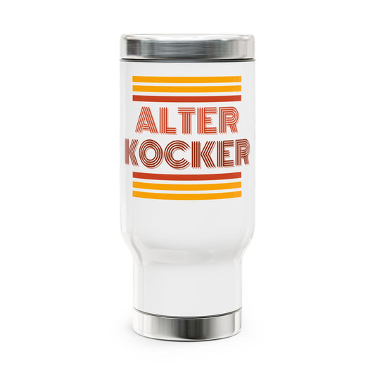 White tumbler with 'ALTER KOCKER' text and orange stripes on a white background