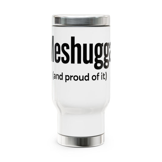White tumbler with black text 'Meshugga' on a white background