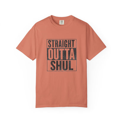 Coral t-shirt with 'Straight Outta Shul' text on a white background