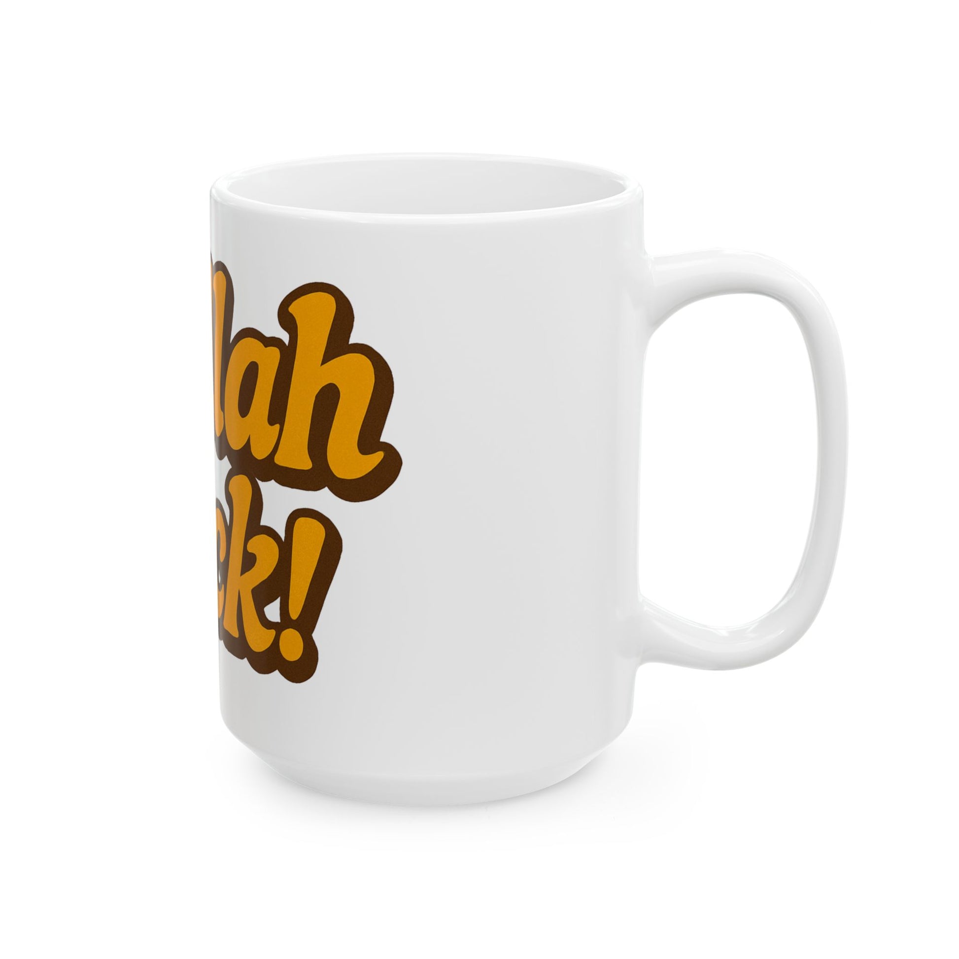 White Challah back mug with brown text on a white background