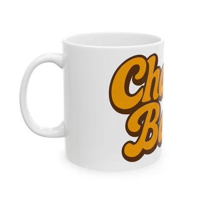 White mug with 'Challah Back' text in brown and orange on a white background