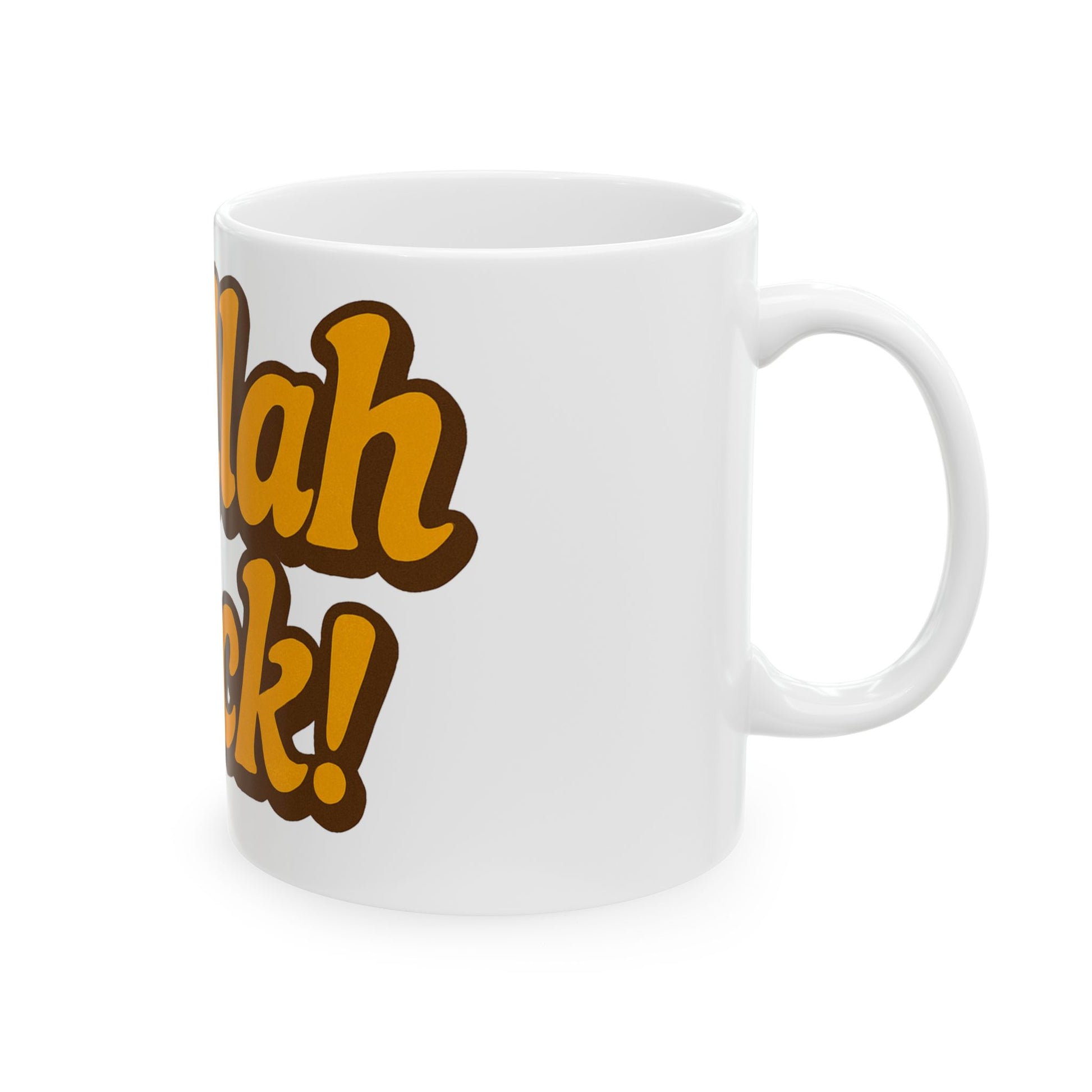 White mug with brown and yellow 'Challah Back!' text on a white background
