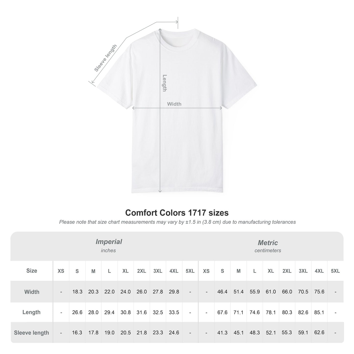 Comfort Colors t-shirt with measurement chart on a white background