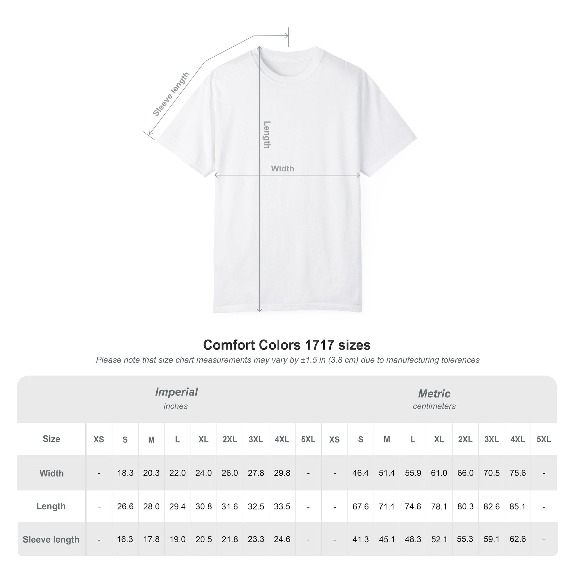 Comfort Colors t-shirt with measurement chart on a white background