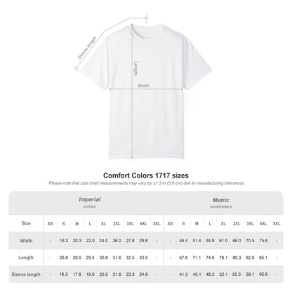 Comfort Colors t-shirt with measurement chart on a white background