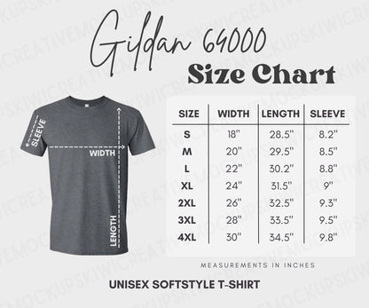Gildan 64000 size chart for unisex softstyle t-shirt with measurements on a gray background