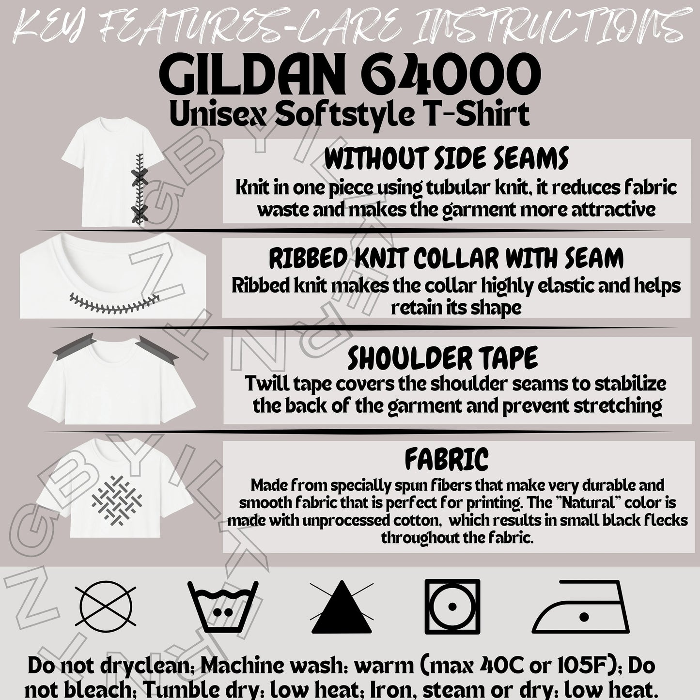 Gildan 64000 Unisex Softstyle T-Shirt features and care instructions on a gray background.