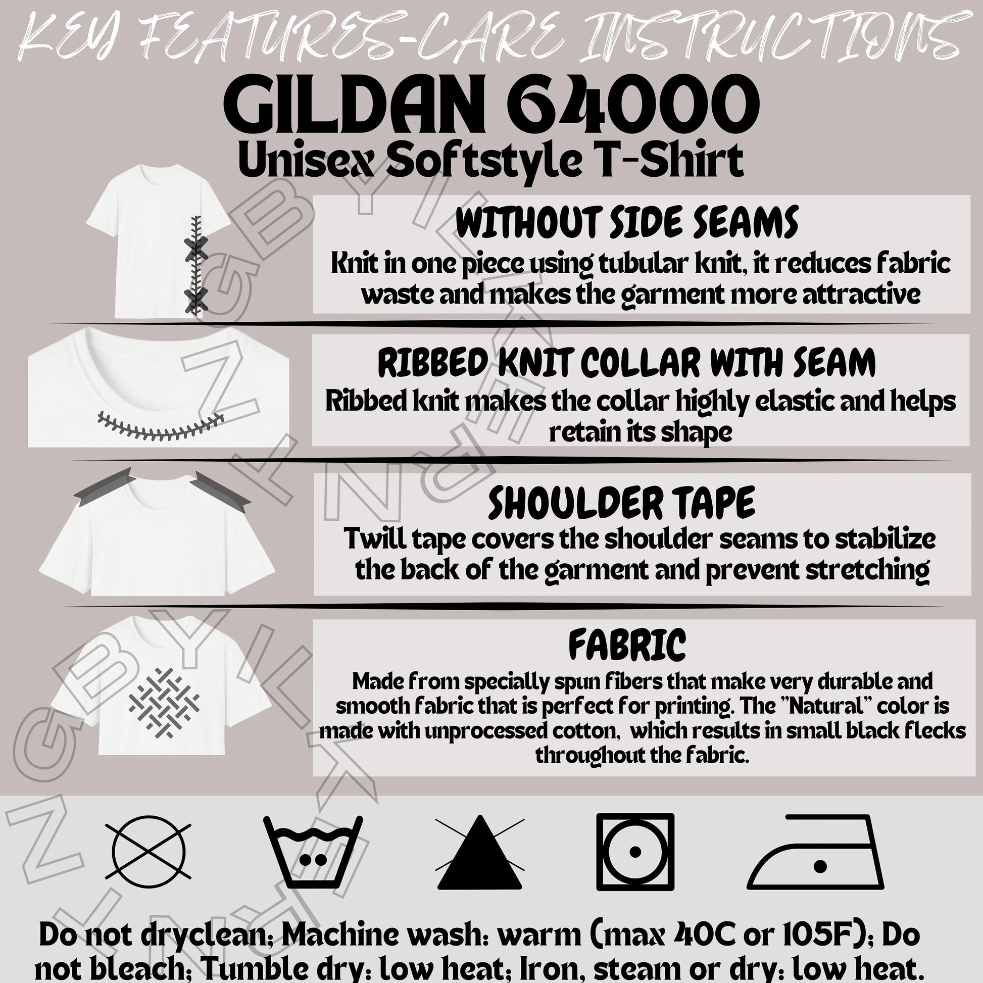 Gildan 64000 Unisex Softstyle T-Shirt features and care instructions on a gray background.