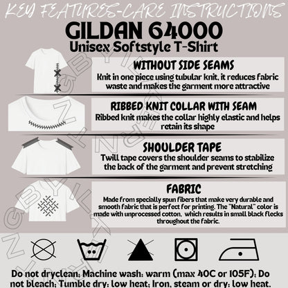 Gildan 64000 Unisex Softstyle T-Shirt features and care instructions on a gray background.