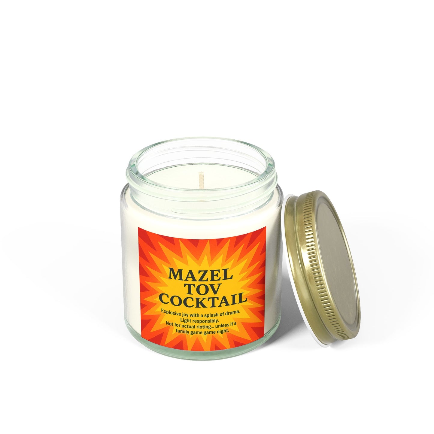 Candle in a glass jar with a colorful label on a white background